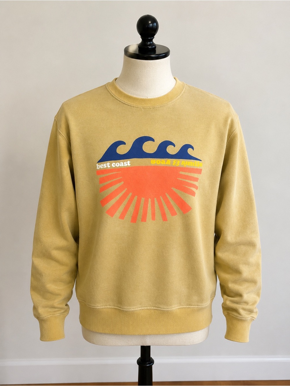 Electric & Rose Mustard Crewneck with Blue Wave & Coral Sun Graphic